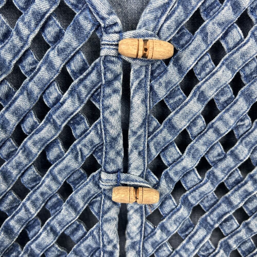 Vintage Woven Lattice Denim Vest Wood Toggle Button Boho Cowgirl Cottagecore M - Picture 3 of 13